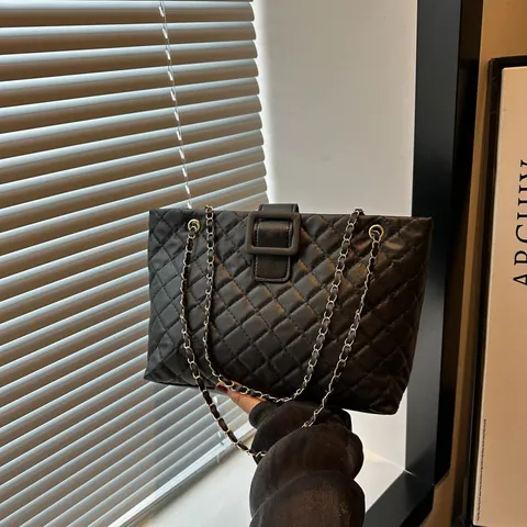 Women's PU Leather Quilted Rhombus Tote Bag With Chain Strap Square Buckle Large Capacity Casual Shoulder Crossbody Bag