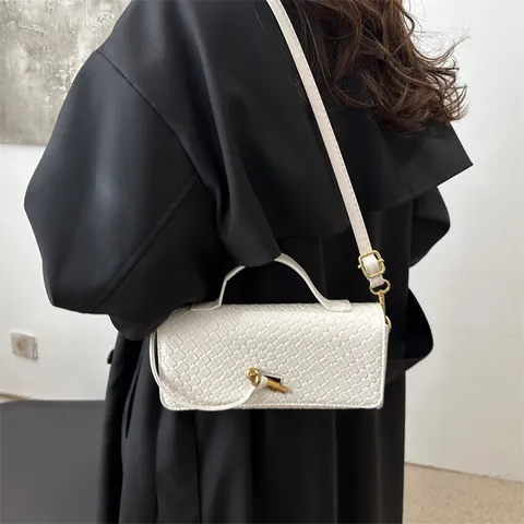 Damen Gewebte PU Leder Achseltasche Mode Webstruktur Umhängetasche Mit Goldener Knotenschnalle Elegante Handtasche