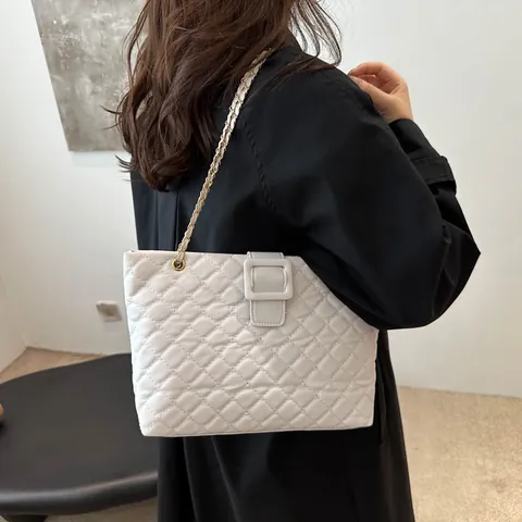 Women's PU Leather Quilted Rhombus Tote Bag With Chain Strap Square Buckle Large Capacity Casual Shoulder Crossbody Bag