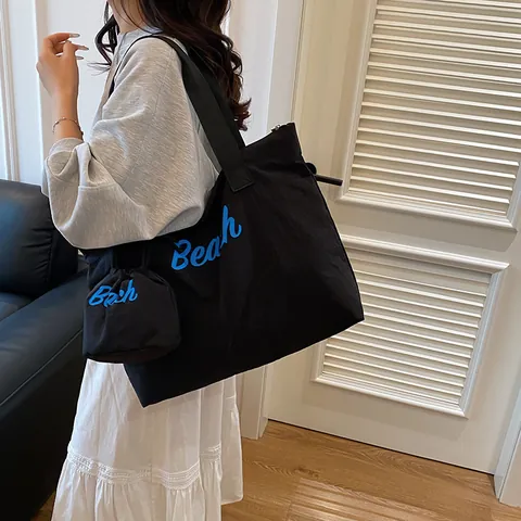 Damen Große Kapazität Shopper Und Kordelzugbeutel Verbundstoff Buchstabendruck Strand Schultertasche Casual Pendeln Reise Handtasche