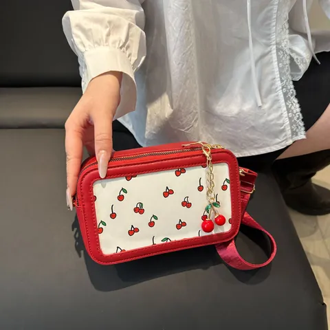 Bolso de Bandolera de Cuero PU con Estampado de Cereza para Mujer Bolso Cuadrado Pequeño con Correa Ancha Bolso de Hombro Personalizado