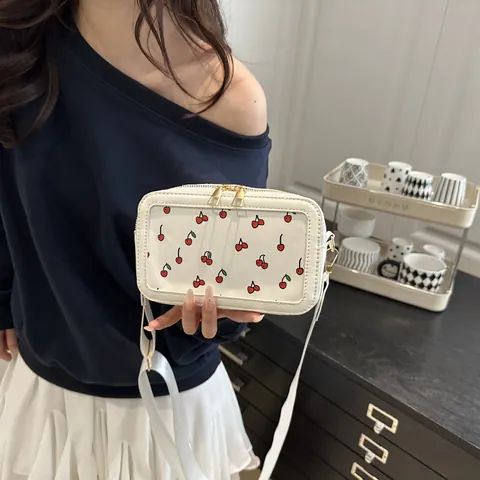 Bolso de Bandolera de Cuero PU con Estampado de Cereza para Mujer Bolso Cuadrado Pequeño con Correa Ancha Bolso de Hombro Personalizado