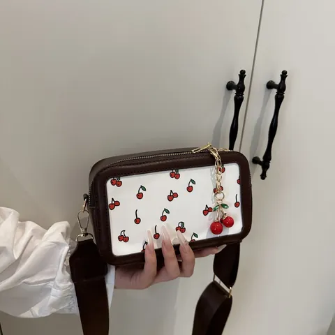 Women Cherry Print Camera Bag Fashion PU Leather Crossbody Bag With Wide Strap And 3D Fruit Charm Trendy Shoulder Bag