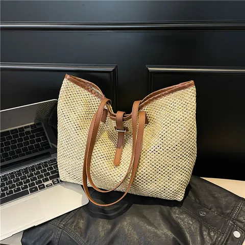 Borsa Tote in Paglia Intrecciata da Donna Grande Capacità Finiture in Pelle Sintetica a Contrasto Chiusura Magnetica Borsa a Spalla da Spiaggia Casual