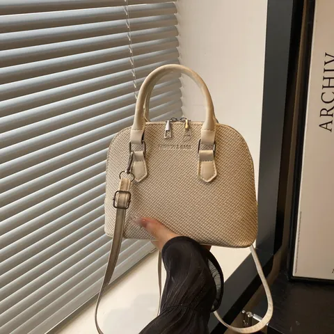Women Fashion Woven Texture PU Leather Shell Bag Crossbody Handbag With Double Handle Adjustable Strap For Daily Use