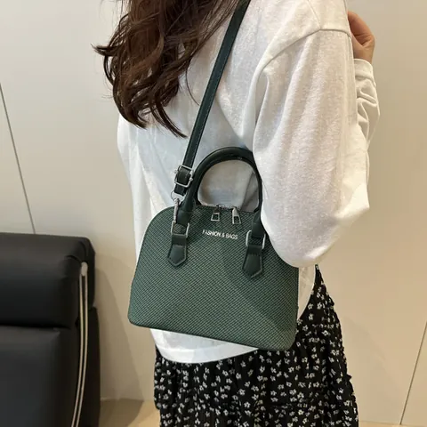 Women Fashion Woven Texture PU Leather Shell Bag Crossbody Handbag With Double Handle Adjustable Strap For Daily Use