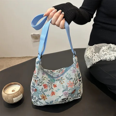 Vintage Floral Jacquard Shoulder Bag For Women Small Retro Underarm Bag With Adjustable Strap Casual Bohemian Style Handbag