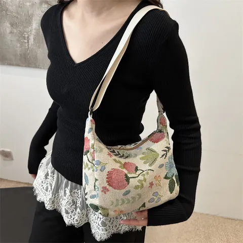 Vintage Floral Jacquard Shoulder Bag For Women Small Retro Underarm Bag With Adjustable Strap Casual Bohemian Style Handbag