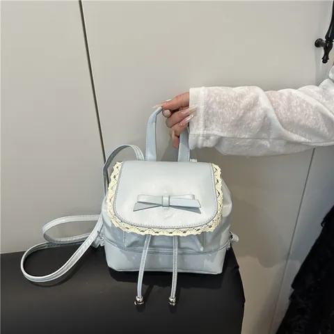 Süßer Koreanischer Stil Mini PU Leder Rucksack Für Damen Spitze Schleife Dekor Einfarbig Schule Daypack Mode Kleine Umhängetasche