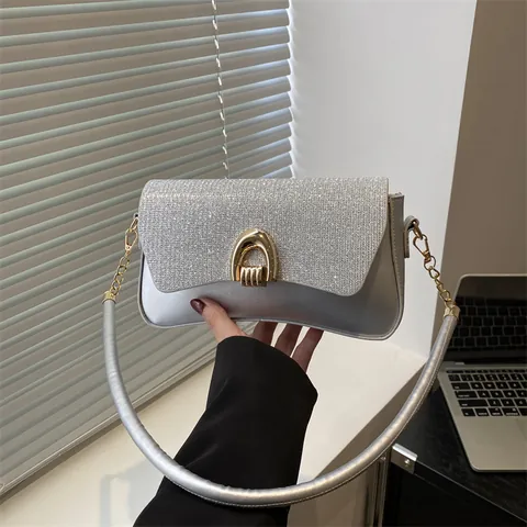 Damen Mode Glitzer Pailletten Schultertasche Mit Goldener Pferdegebiss-Schnalle Kleine PU-Leder Umhängetasche Für Party Alltag