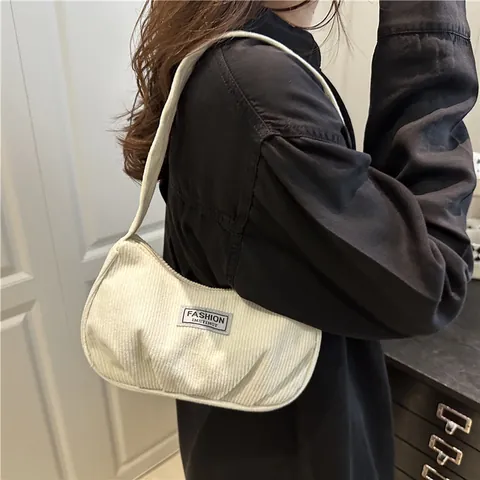 Sac Sous le Bras en Velours Côtelé pour Femmes Mode Couleur Unie Croissant Hobo avec Étiquette pour le Quotidien