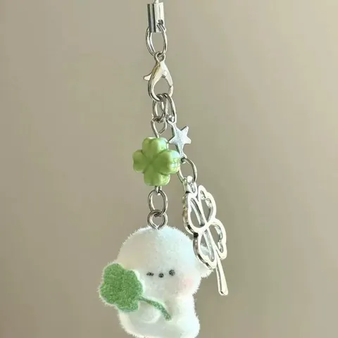 Cute Flocking Puppy Bag Charm Keychain With Four-leaf Clover Star Pendant Metal Chain White Green Resin Animal Decoration Gift
