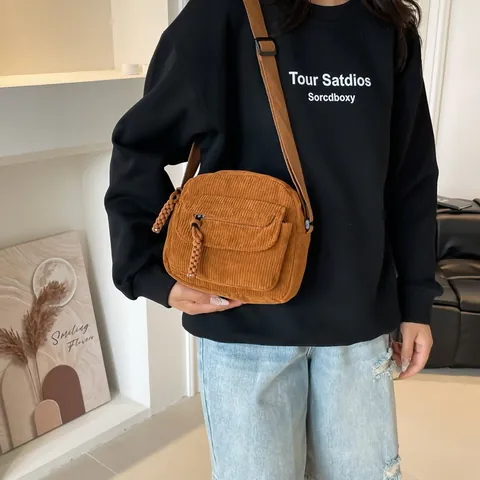 Bolso Bandolera Minimalista de Pana para Mujer Retro Color Sólido Bolso Cuadrado Pequeño Con Tirador de Cremallera Trenzado