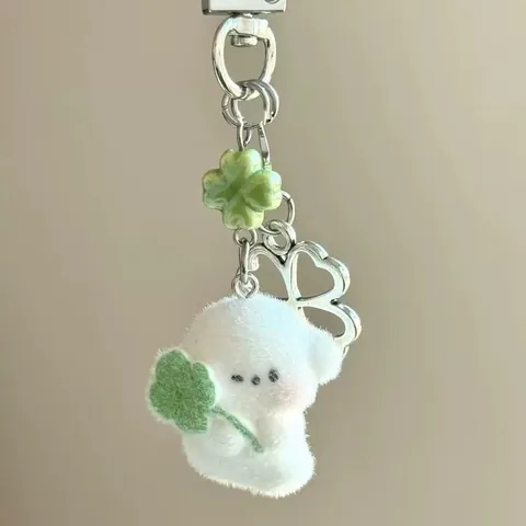 Cute Flocking Puppy Bag Charm Keychain With Four-leaf Clover Star Pendant Metal Chain White Green Resin Animal Decoration Gift