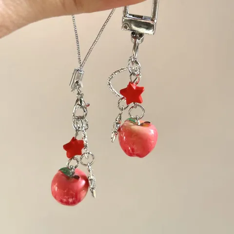 Cute Red Apple Star Heart Resin Keychain For Women Girls Bag Charm Phone Lanyard With Love You Metal Tag Keyring Gift
