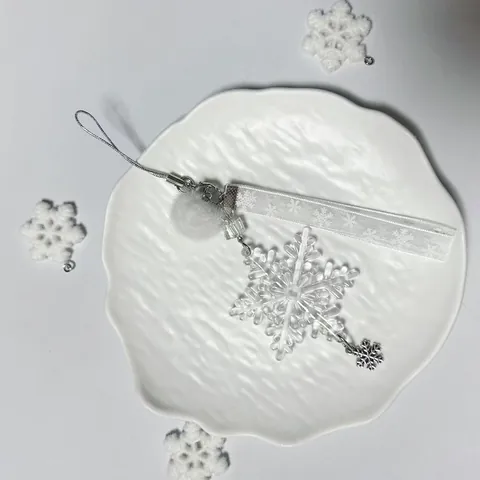 Elegant Snowflake Phone Charm With Acrylic Pendant White Plush Ball Ribbon Bow Alloy Charm Winter Keychain Bag Hanging Accessory