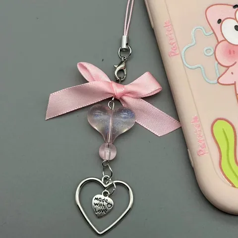 Schattige Roze Satijnen Strik Hart Sleutelhanger Tas Hanger Voor Vrouwen Meisje Sweet Cool Legering Hars Hart Bedeltje Mobiele Telefoon Ketting Accessoire