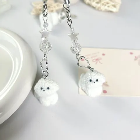 Lindo Llavero de Perro de Peluche Cordón de Teléfono para Mujer Blanco Suave Colgante de Bolso Con Decoración de Estrella Copo