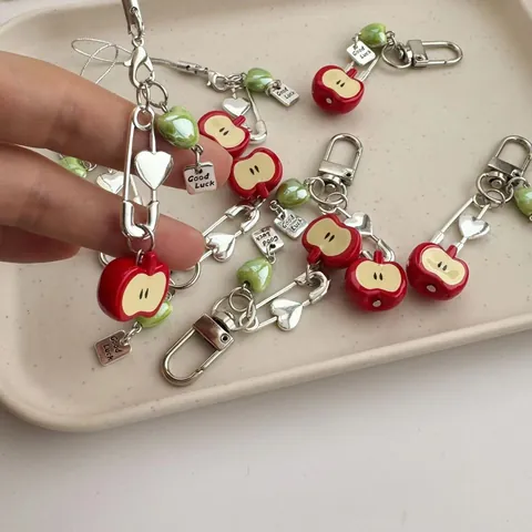 Cute Acrylic Apple Fruit Keychain Phone Charm For Women Girls Sweet Resin Heart Bead Keyring With Good Luck Tag Bag Pendant Gift