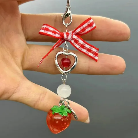 Sweet Strawberry Bowknot Phone Charm Heart Alloy Frame Resin Beads Bag Pendant For Women Girls Hanging Ornament Jewelry Gift