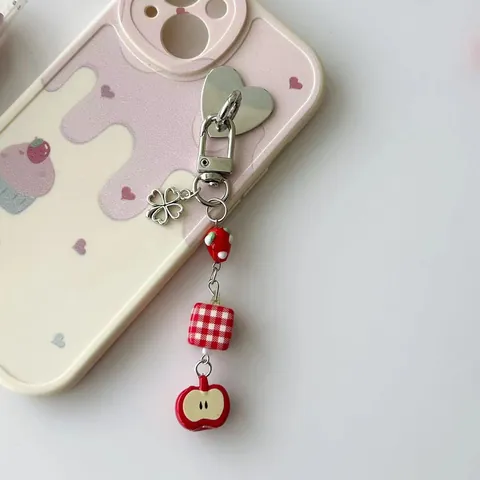 Handmade Fruit Beaded Phone Charm Keychain Cute Strawberry Apple Resin Beads Clover Pendant Anti-lost Phone Strap For Women Bag Decor
