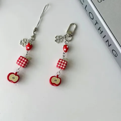 Handmade Fruit Beaded Phone Charm Keychain Cute Strawberry Apple Resin Beads Clover Pendant Anti-lost Phone Strap For Women Bag Decor