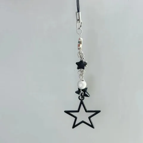 Charm per Cellulare in Lega a Forma di Stella con Perline Stile Sweet Cool Catena per Telefono a Pentagramma Nero Argento Ciondolo per Borsa Gioielli da Donna