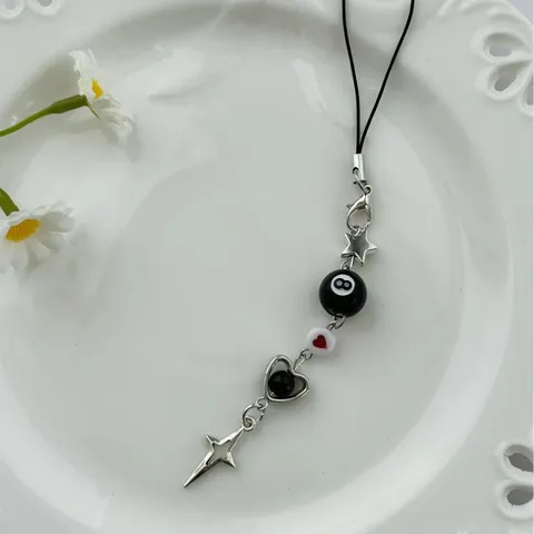 Y2K Black Billiards Ball Heart Beaded Mobile Phone Charm Alloy Star Pendant Keychain Trendy Bag Decoration Lanyard For Unisex