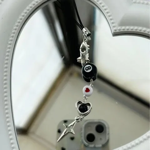 Y2K Black Billiards Ball Heart Beaded Mobile Phone Charm Alloy Star Pendant Keychain Trendy Bag Decoration Lanyard For Unisex