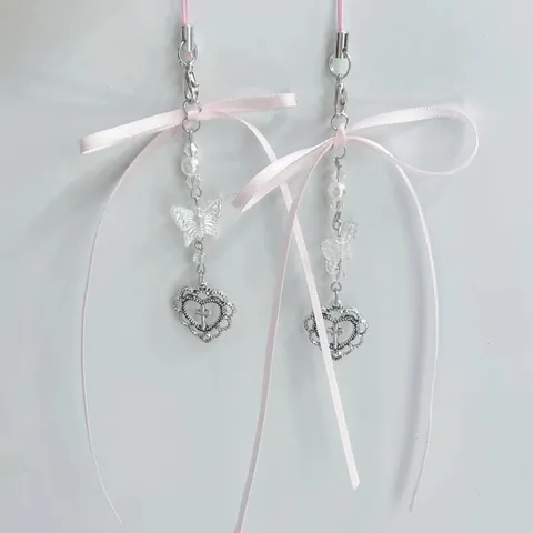 Dulce Lazo de Cinta de Satén Rosa Cadena de Teléfono de Cuentas de Corazón Aleación Perla Artificial Mariposa Colgante de Bolso Joyería