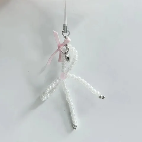Handmade Beaded Artificial Pearl Bow Phone Charm With Pink Satin Ribbon Alloy Heart Pendant Balletcore Phone Case Strap For Women