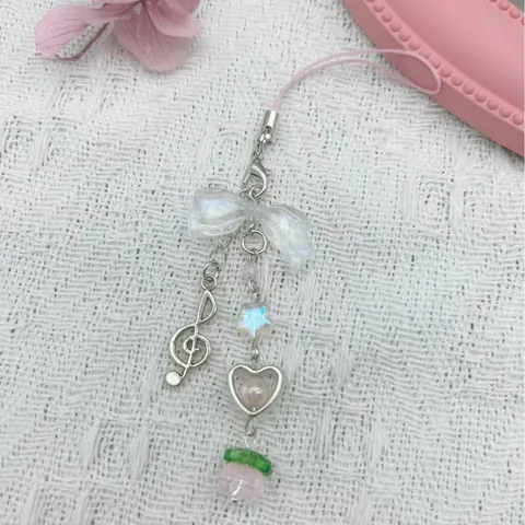 Iridescent Beaded Phone Charm Strap With Treble Clef Music Note Pink Bow Heart Resin Star Beads Alloy Bag Keychain For Women