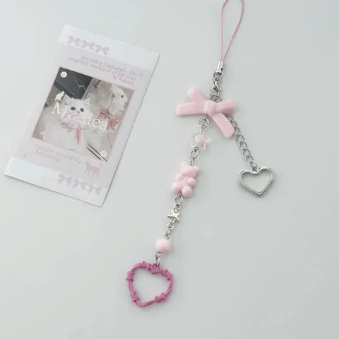 Kawaii Pink Gummy Bear Phone Chain Y2K Sweet Bow Heart Star Pendant Resin Alloy Bead Strap For Women Bag Charm Jewelry
