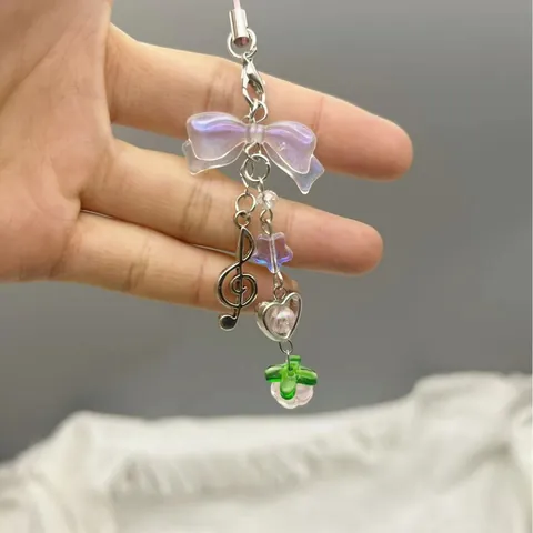 Iridescent Beaded Phone Charm Strap With Treble Clef Music Note Pink Bow Heart Resin Star Beads Alloy Bag Keychain For Women