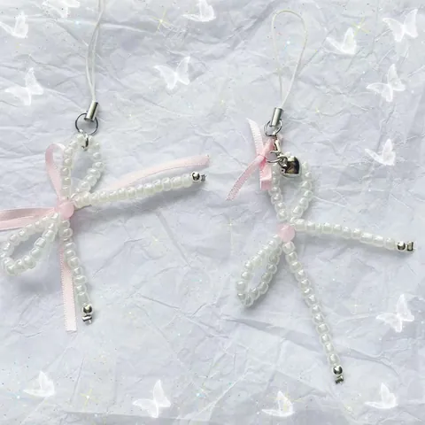 Handmade Beaded Artificial Pearl Bow Phone Charm With Pink Satin Ribbon Alloy Heart Pendant Balletcore Phone Case Strap For Women