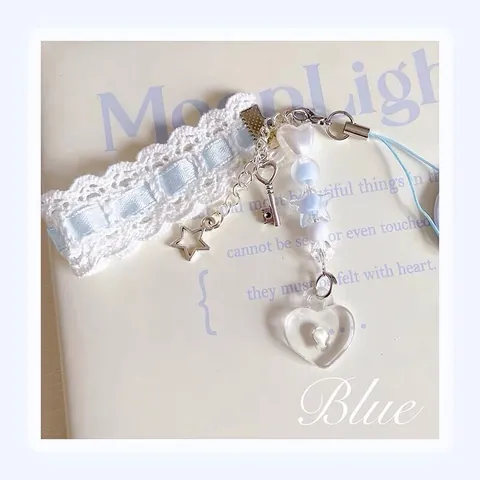 Ciondolo per Cellulare in Perline Cuore Fiocco Blu Dolce Lolita Y2K Portachiavi in Pizzo Fatto a Mano per Borsa Accessorio Donna