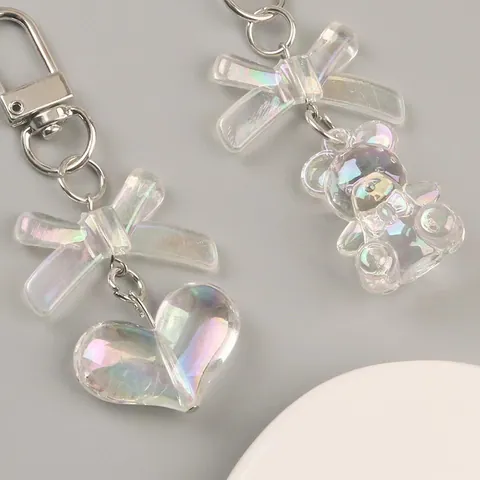 Handmade Iridescent Acrylic Keychain Cute 3D Heart Bear Bow Pendant Phone Charm Bag Accessory For Women Girls Gift