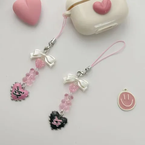 Handmade Beaded Phone Charm Heart Milk Bear Bow Resin Alloy Girly Phone Lanyard Bag Pendant For Women Girls Jewelry Gift