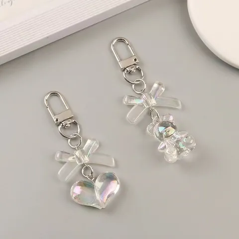 Handmade Iridescent Acrylic Keychain Cute 3D Heart Bear Bow Pendant Phone Charm Bag Accessory For Women Girls Gift