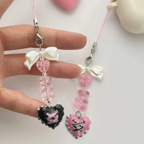 Handmade Beaded Phone Charm Heart Milk Bear Bow Resin Alloy Girly Phone Lanyard Bag Pendant For Women Girls Jewelry Gift
