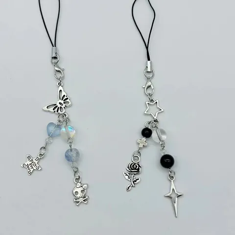 Y2K Gothic Star Beaded Phone Chain Alloy Butterfly Skull Cross Pendant Phone Charm For Women Girl Gift Accessory