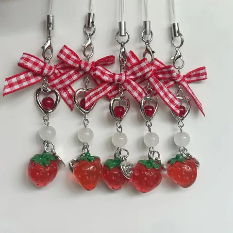 Dulce Fresa Lazo Corazón Cadena de Teléfono Móvil Resina Acrílica Aleación Colgante para Bolso Llavero Mujer Niñas Joyería Regalo