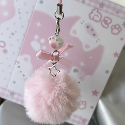 Simpatico Portachiavi Pompon in Peluche Con Fiocco in Satin Zampa di Gatto Ciondolo in Metallo a Fiocco di Neve per Borsa Donna