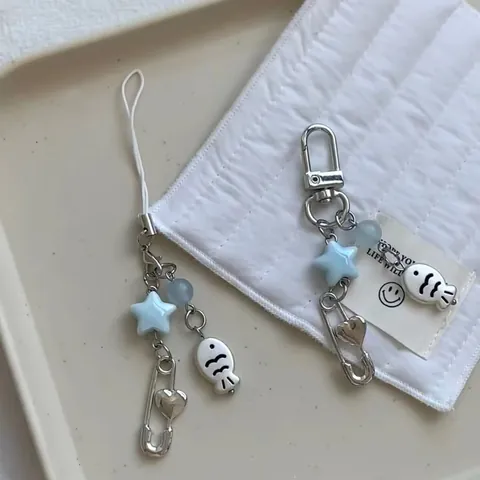 Süße Fisch Perlen Handykette Schlüsselanhänger Für Damen Mädchen Blau Stern Herz Sicherheitsnadel Anhänger Tasche Charm Schmuck