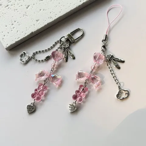 Grazioso Ciondolo per Telefono con Perline Rosa Fiocco Cuore Orso Acrilico Portachiavi Donna Borsa Pendente Regalo Gioielli