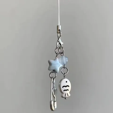 Cute Fish Beaded Phone Chain Keychain For Women Girls Blue Star Heart Safety Pin Pendant Bag Charm Ins Style Jewelry Gift