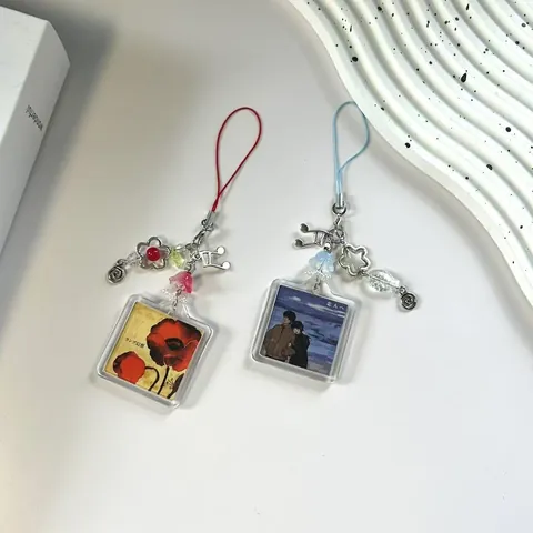 Japanese Retro Acrylic Phone Lanyard Cartoon Anime Bag Pendant With Metal Flower Note Charms Beads For Girls CCD Camera Keychain Decor