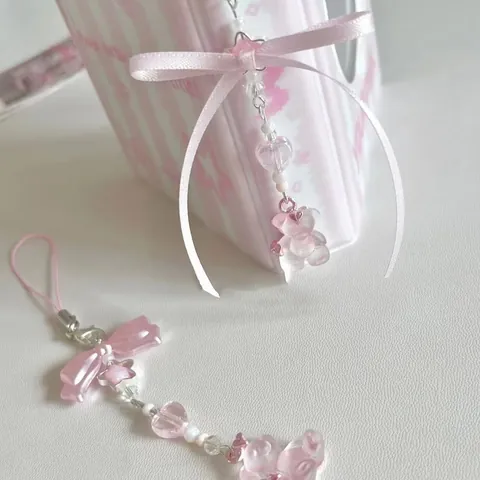 Zoete Roze Kralen Sleutelhanger Met Beer Hart Acryl Bedeltje Strik Voor Tas Telefoon Kaarthouder Decoratie Dames Cadeau