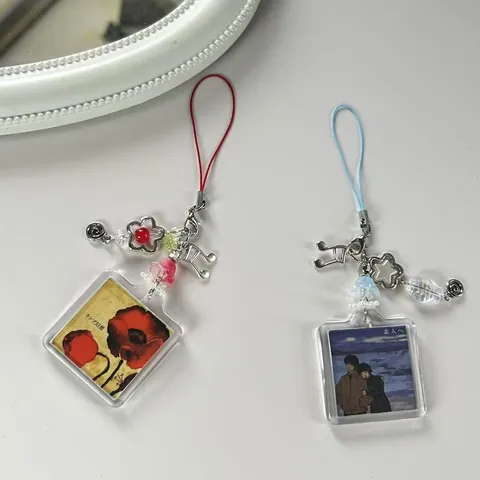 Japanese Retro Acrylic Phone Lanyard Cartoon Anime Bag Pendant With Metal Flower Note Charms Beads For Girls CCD Camera Keychain Decor
