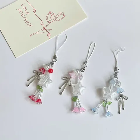 Handgemachter Stern Maiglöckchen Handy-Anhänger Mit Metallschleife Acrylperlen Handy-Lanyard Für Damen Taschenzubehör